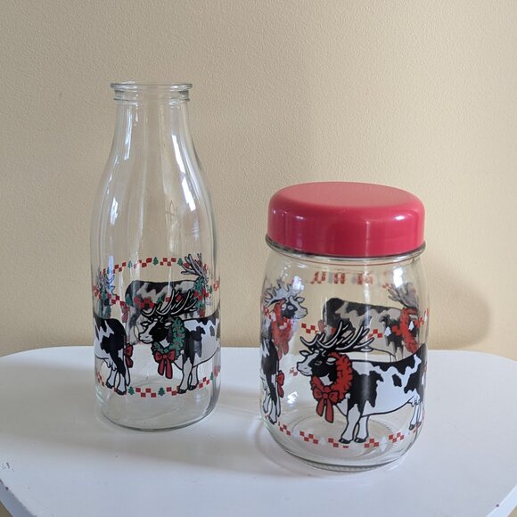 CHRISTMAS COW VINTAGE GLASS JUG & JAR SET - Picture 1 of 3